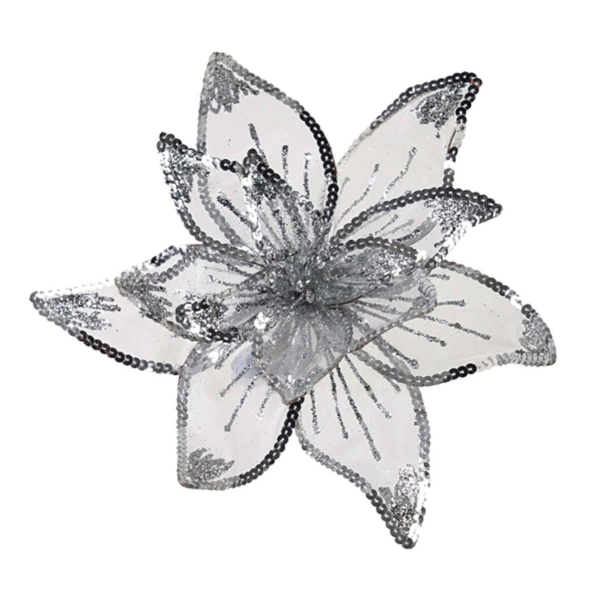 Pure Christmas Sequence Poinsettia Clip On Sheer Silver | Minimax