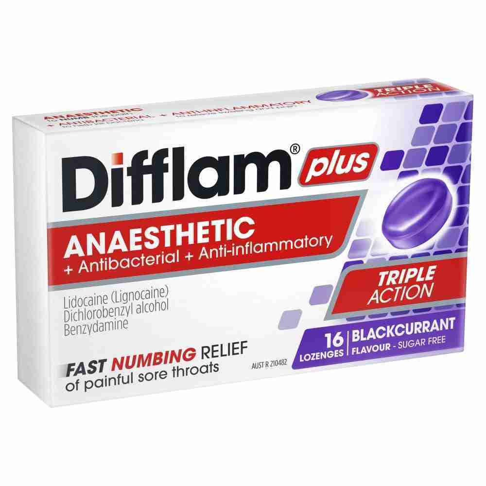 Difflam Plus Anaesthetic Sore Throat Lozenges Blackcurrant Flavour 16S