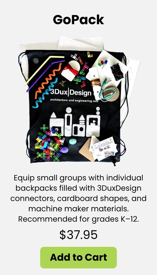 A lightweight STEM travel kit packed with 3DuxDesign connectors, modeling shapes, and simple-machine parts for building on the go. Perfect for makers who love creating moving models anywhere, anytime. Great for ages 6+.