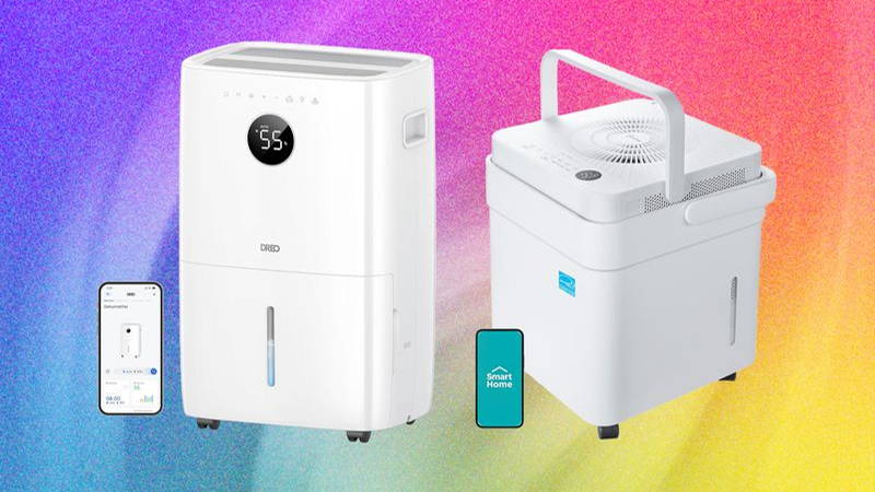 Two white dehumidifiers and a mobile phone with the complimentary apps beside each one