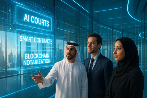 Three professionals discuss AI Courts, Smart Contracts, and Blockchain Notarization shown on glowing screens, representing digital transformation in justice.