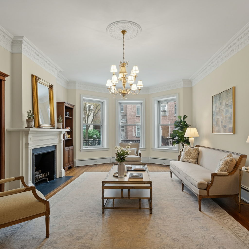 A professionally staged Gold Coast living room showcasing classic architectural elements. The elegant space features original crown molding, a marble fireplace, and bay windows overlooking a tree-lined street. Traditional furniture with modern accents creates a sophisticated atmosphere that appeals to the neighborhood's affluent buyers seeking historic charm with contemporary comfort.