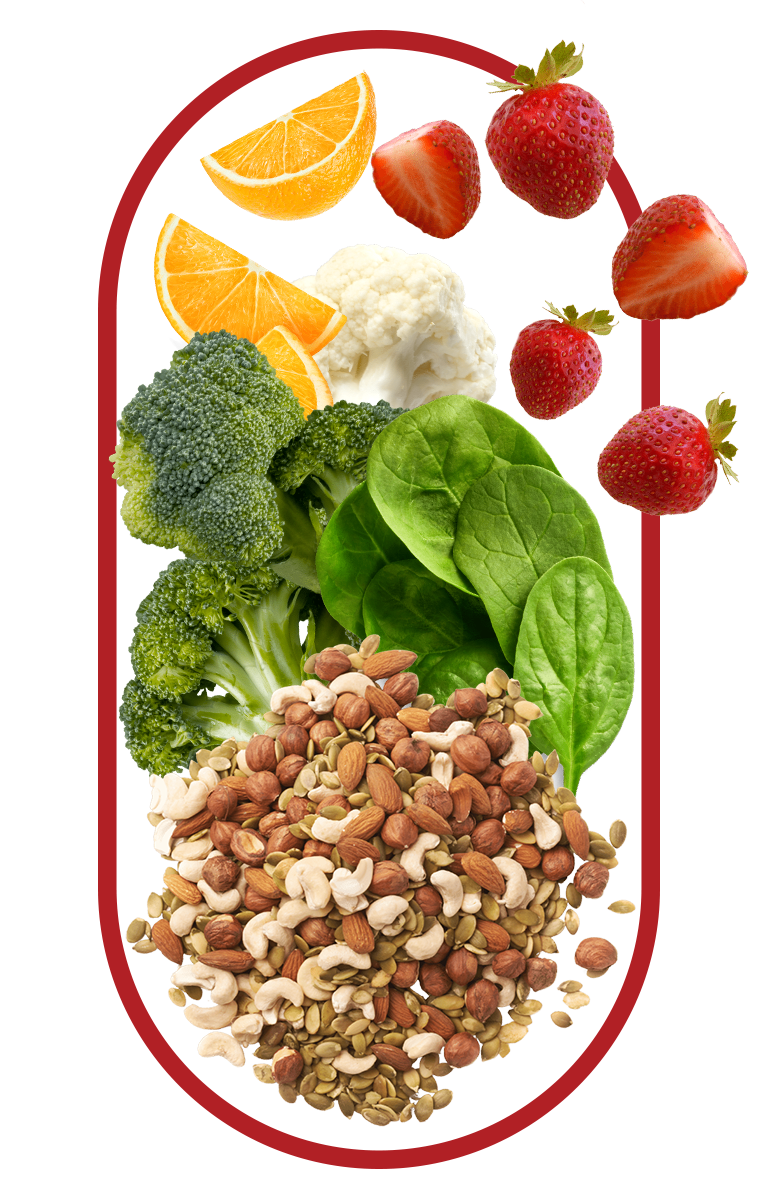 A compilation of fruits and vegetables that contains L-Glutathione