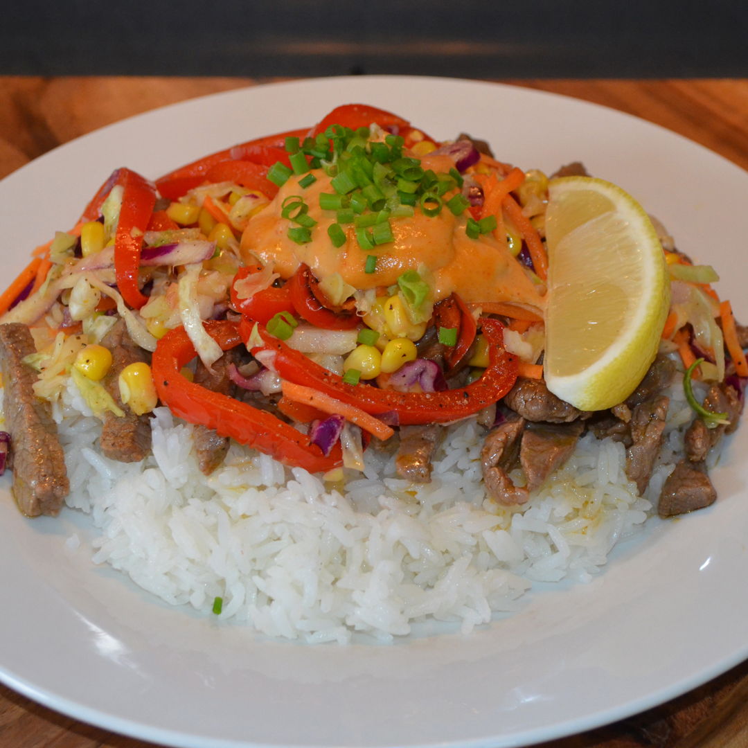Date: 12 Mar 2020 (Thu)
81st Main: Spiced Beef with Corn Slaw, Rice & Chipotle Mayo [269] [156.5%] [Score: 10.0]
Cuisine: American
Dish Type: Main
Perfect for busy weeknights - and busy people. Here, tender beef strips are coated in mild spices and served with a colourful corn slaw and moreish chipotle mayo.