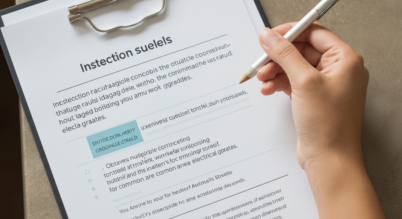 Scenario: Inspection reveals outdated electrical panel in Streeterville condominium. Response strategy outlined on a document: 'Obtain multiple contractor quotes, offer credit at closing rather than completing work yourself, and provide documentation of building's timeline for common area electrical upgrades.'