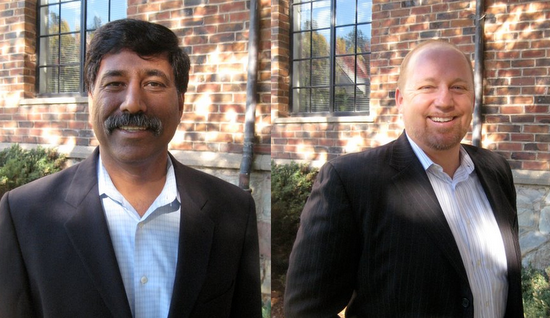 Fresh out of the cab from their cross country flight we convinced Suresh and Trent to pose in front of the Mill Valley town hall.