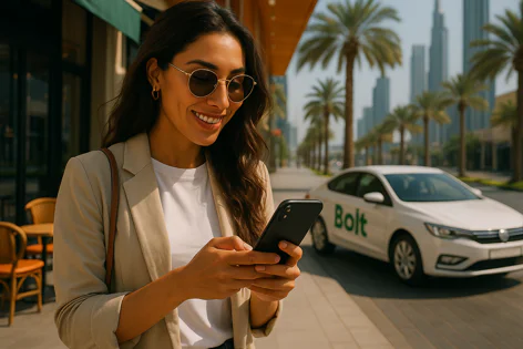 Smiling woman using her smartphone on a city street with a white Bolt car parked nearby. Palm trees and tall buildings are visible in the background under a sunny sky.