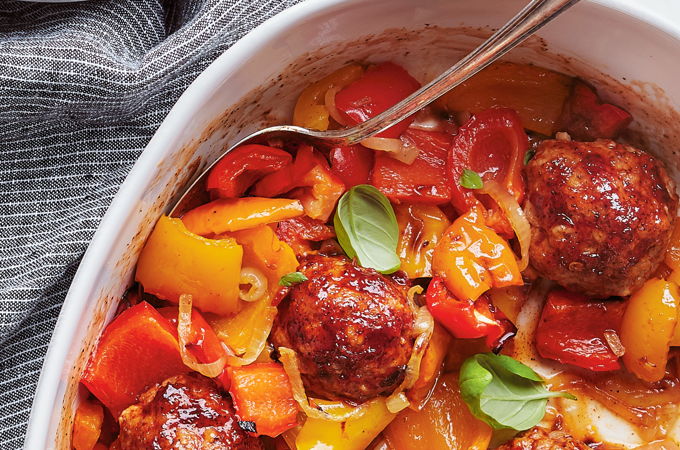 Pork Meatballs with Roasted Peppers and Barbecue Sauce