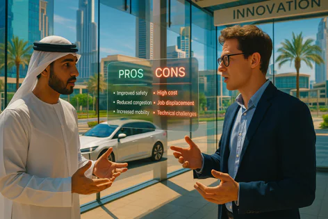Two professionals, one in a ghutra and one in a suit, analyze a holographic pros and cons list about mobility technology in a modern city, with skyscrapers and a vehicle visible.