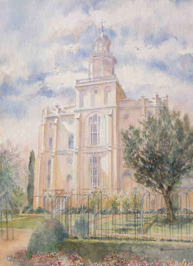 Peaceful painting of the St. George Temple behind a decorative gate. Birds soar above in the sky. 