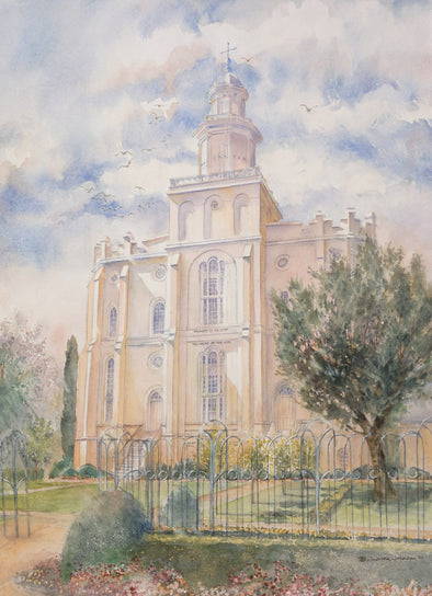 Peaceful painting of the St. George Temple behind a decorative gate. Birds soar above in the sky. 