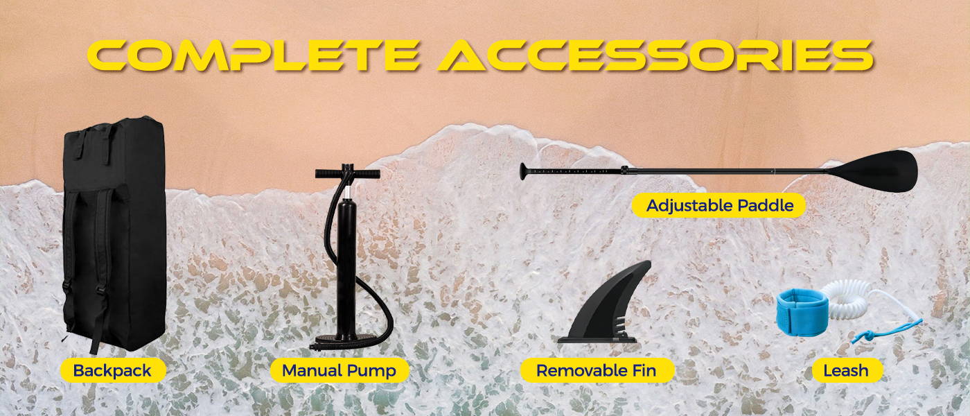 Funwater paddle board come with complete SUP accessories: backpack, manual pump, removable fin, adjustable paddle, leash