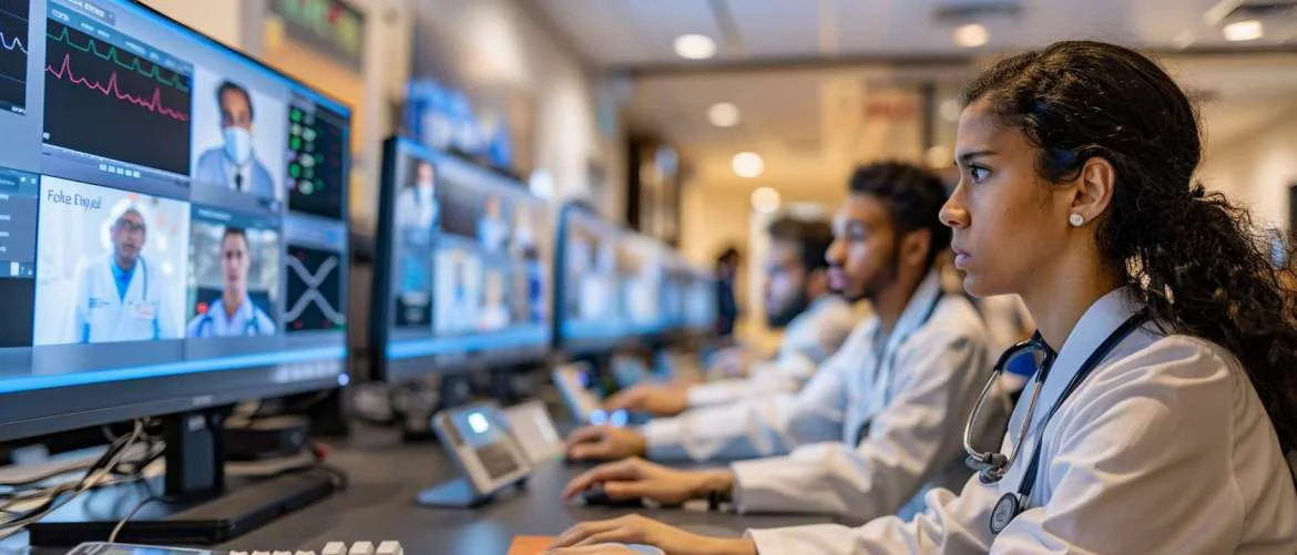 Healthcare workers using technology for patient care in a modern control room
