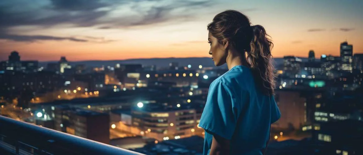 Travel nurse overlooking city skyline, symbolizing adaptability and care.