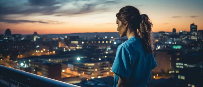 Travel nurse overlooking city skyline, symbolizing adaptability and care.