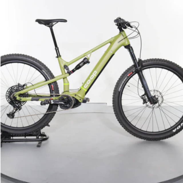 A green REI electric mountain bike