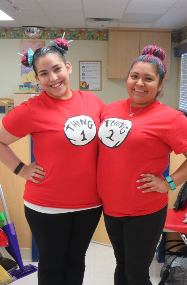 Two Primrose teachers dress up as Dr. Seuss's book characters to commemorate his birthday