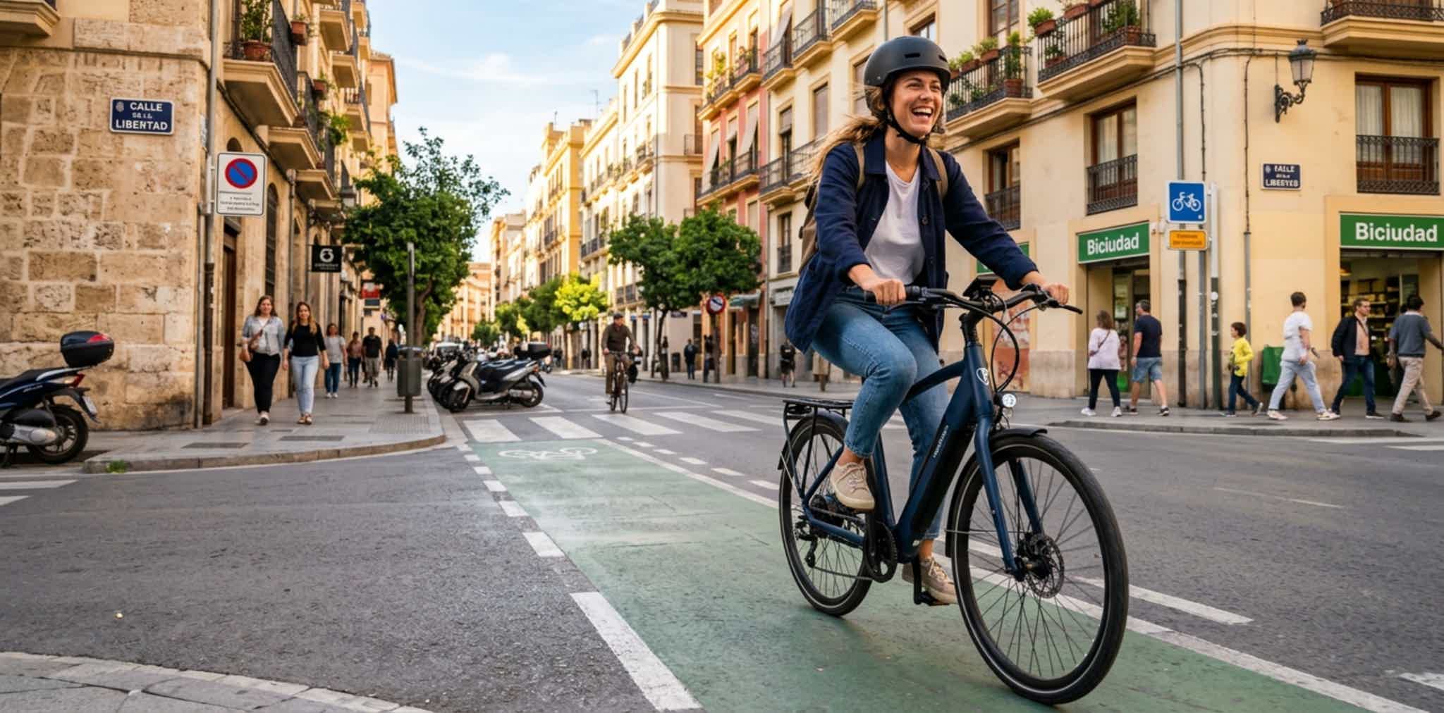 Imagen de recurso de una persona rodando con una e-bike en una ciudad.