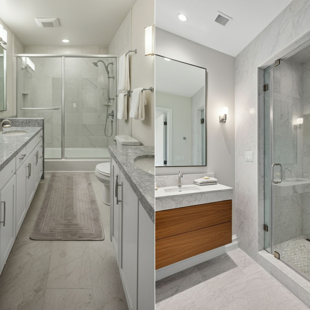 Before and after comparison of a Streeterville condominium bathroom renovation, showing the transformation from dated fixtures to a spa-like retreat featuring Italian marble, frameless glass shower, soaking tub, and integrated smart technology that appeals to luxury buyers.