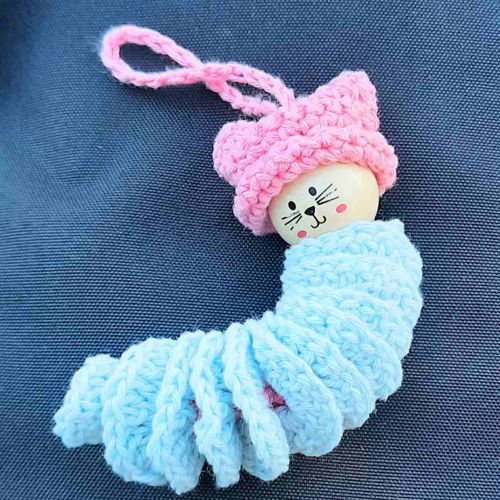 Kitty With A Cat Hat (Worry Worm With Wooden Head) Crochet Pattern PDF Printable