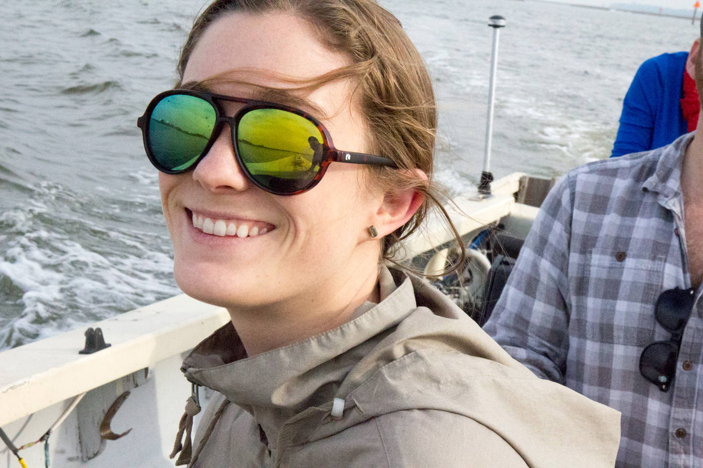 Rheos co-founder Becca Berton wears Rheos sunglasses with hydrophobic coating, allowing for perfect clarity.