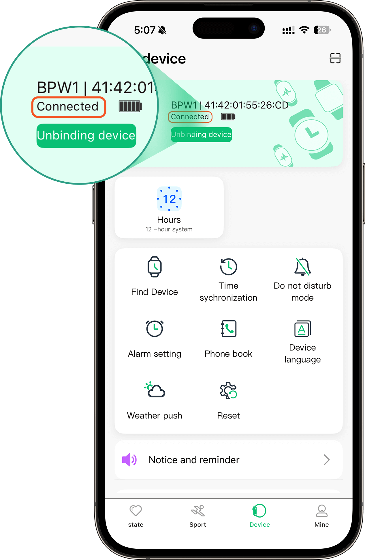 Die MasWear-App zeigt die über Bluetooth verbundene Wellue Smart Blutdruckuhr (Verbundener Status) zur Synchronisierung von Blutdruck- und Herzfrequenzdaten an.