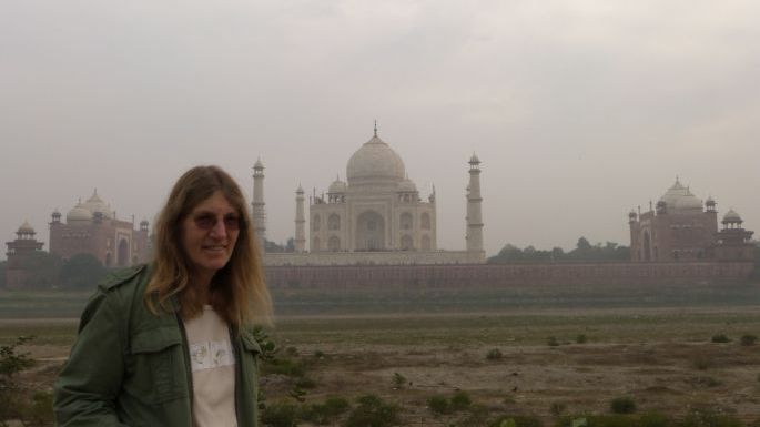 A rear view of India's Taj Mahal from the Mehtab Bagh Gardens