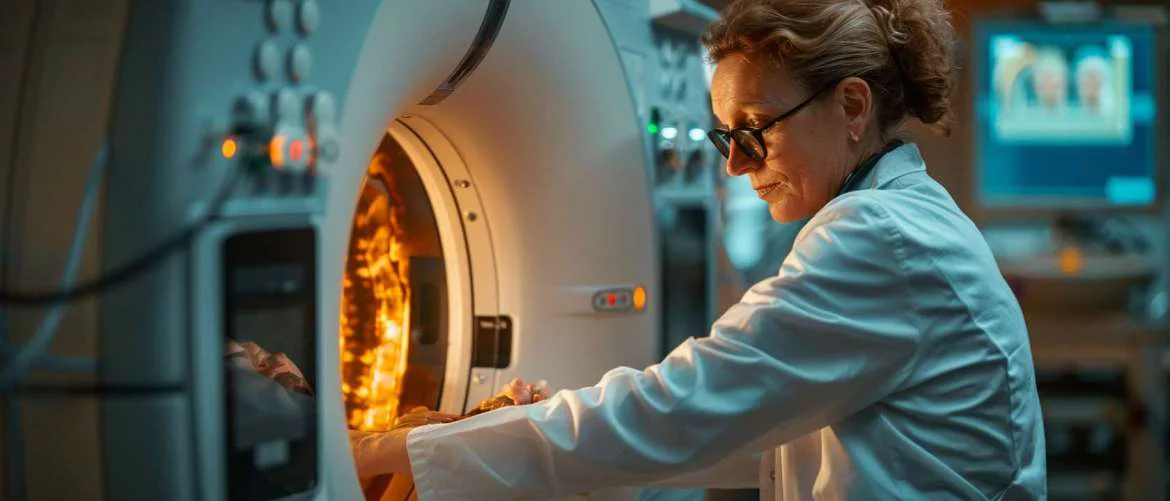 Radiographer in a dim room focuses on creating X-ray art
