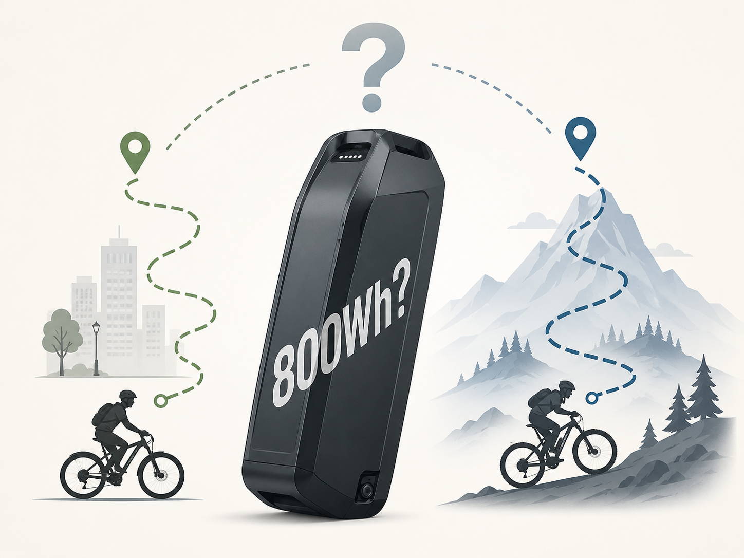 Grote 800Wh e-bike accu tussen een korte stadsroute en een lange bergtocht, als visuele keuzehulp voor de vraag hoeveel accucapaciteit je echt nodig hebt.