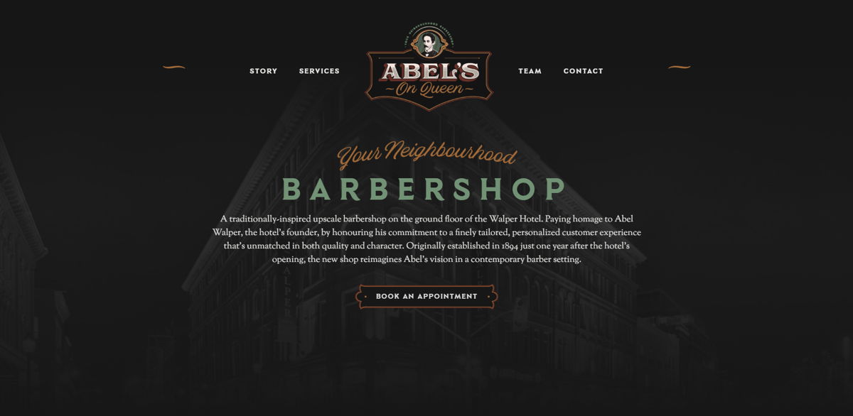 Screenshot of Abel's on Queen Barbershop, from the barber & barbershop websites collection.