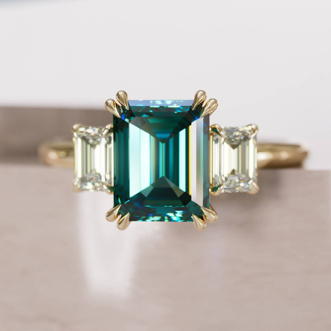 emerald Cut Teal Sapphire and Diamond Engagement Ring 