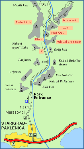 Map of the rock climbing areas at Paklenica