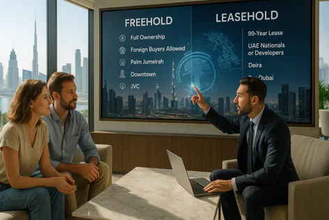 A real estate agent explaining Freehold and Leasehold properties in Dubai to a couple, pointing at a screen with the city skyline in the background.