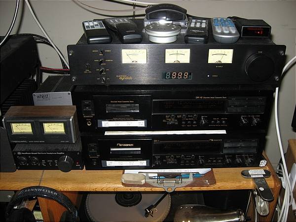 phono stage atop headphone amp, tuner atop tape decks