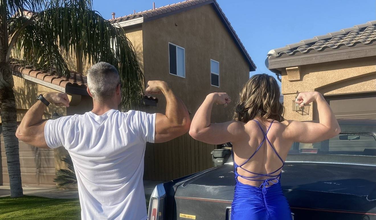 Bodyweight strength training results over 40 - father and daughter showing back development without gym equipment.