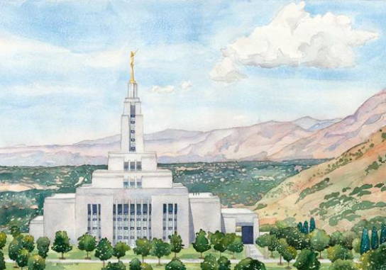 Detailed painting of the Draper Temple with a mountain landscape.