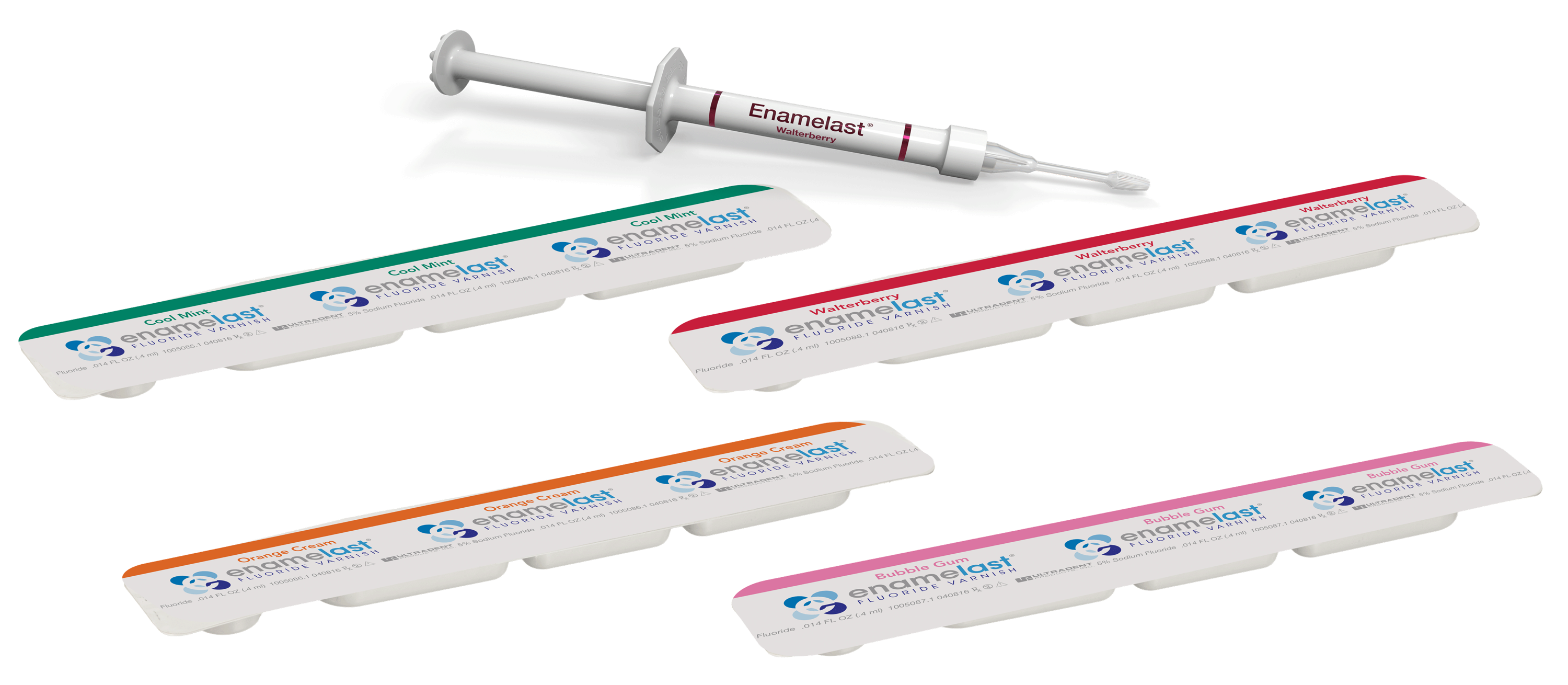 Enamelast in a syringe and the four individual application flavours