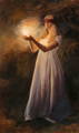 LDS art painting of a young woman walking through the dark blindfolded and holding out a light. 