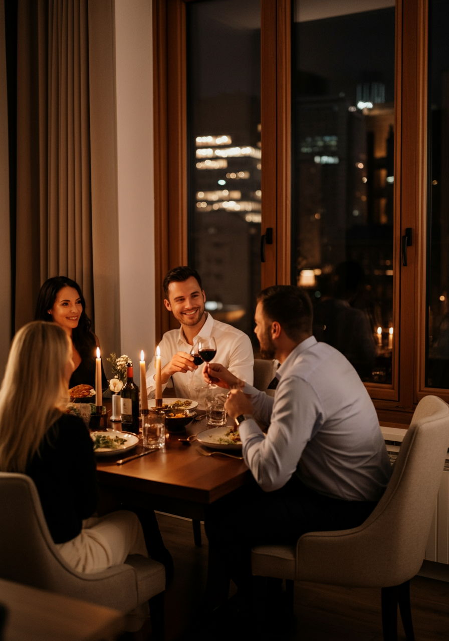 A downsized couple hosting a dinner party in their elegant but compact dining area, proving that entertaining remains possible in smaller spaces. The intimate setting creates a warm atmosphere as guests enjoy conversation around a beautifully set table with city lights twinkling through the windows.