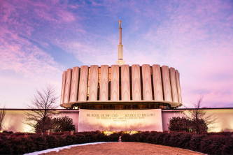 Provo Temple pictuture with pink clouds.