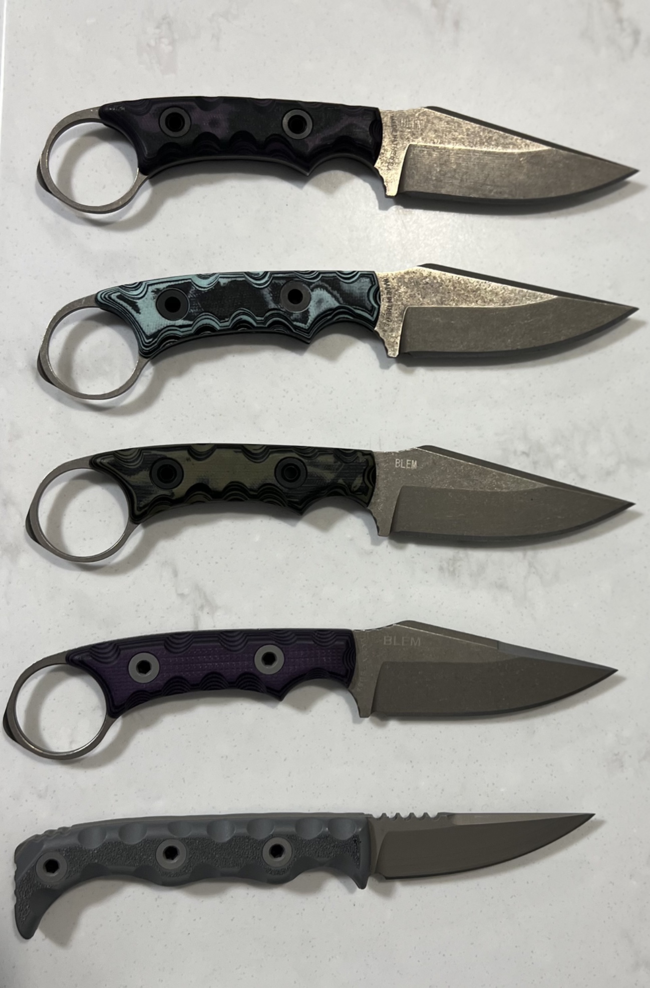 Mine and my kids blems we put together as a project so they could have there first fixed blades when they get older. – by Joshua