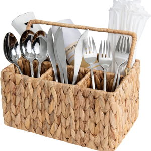 StorageWorks Wicker Flatware Organizer, Hand Woven Water Hyacinth Cutlery Holder for Countertop with Handle, 1 Pack