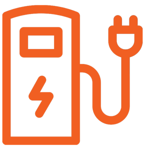 An orange icon of an electric vehicle charging station with a lightning bolt symbol and a connected power plug.