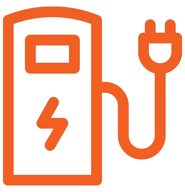 An orange icon of an electric vehicle charging station with a lightning bolt symbol and a connected power plug.