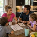 female-placing-cash-inside-diversion-safe-canned-corn family-at-kitchen-table-making-home-security-plans