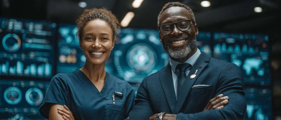Healthcare professionals collaborating in a futuristic compliance and staffing command center.