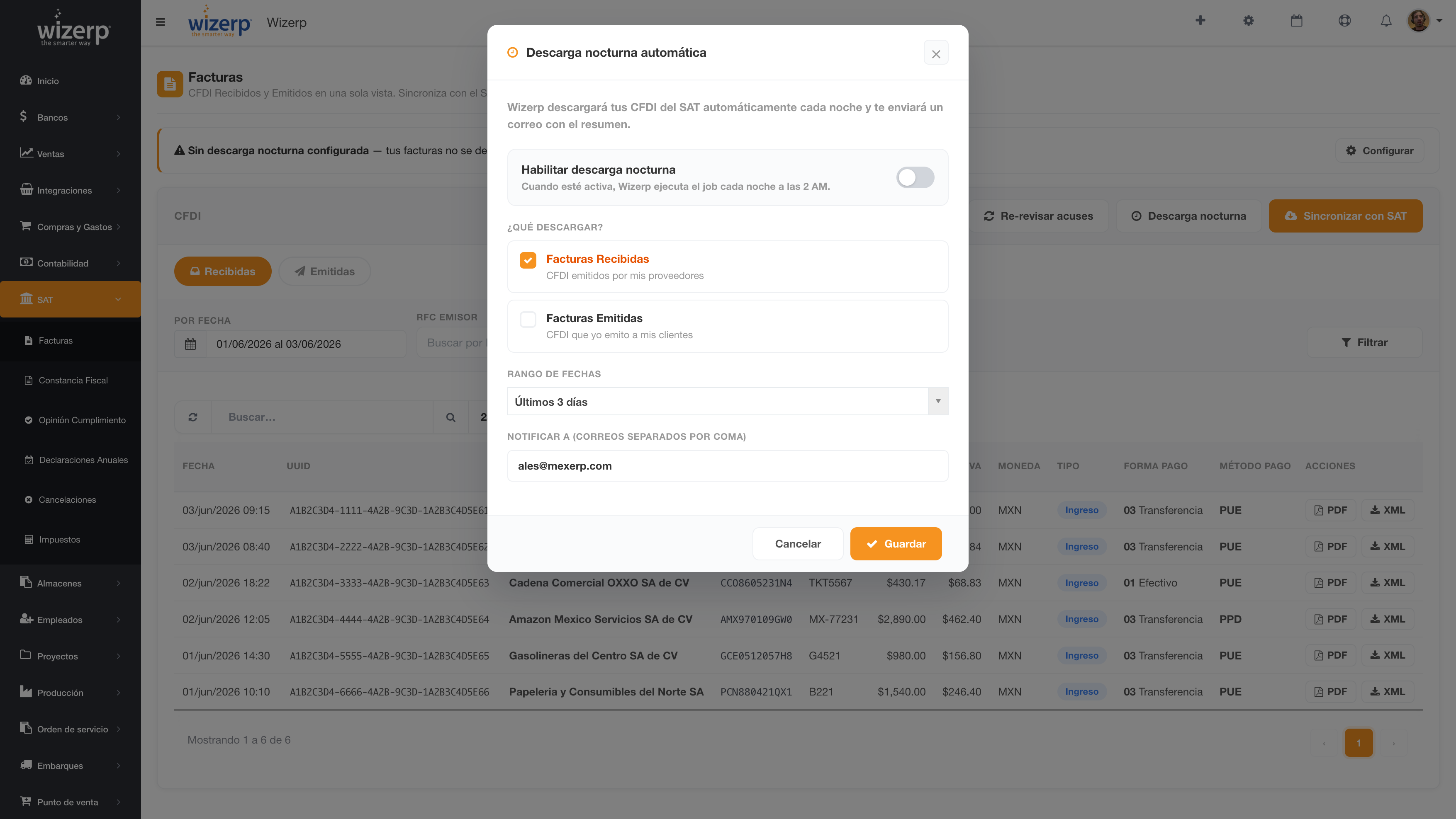 Configuraci&oacute;n de la descarga nocturna autom&aacute;tica con notificaci&oacute;n por correo.