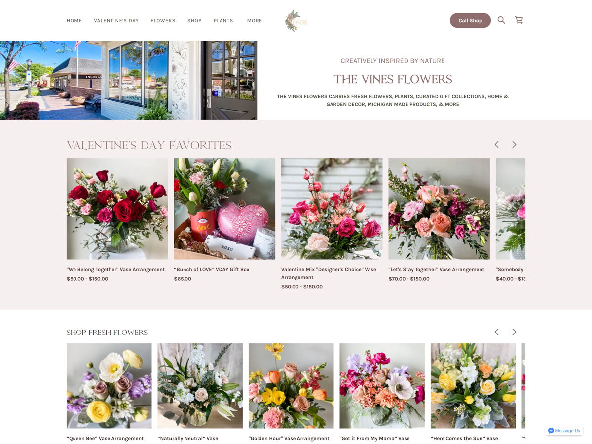 Screenshot of The Vines Flowers, from the florist & flower shop websites collection.