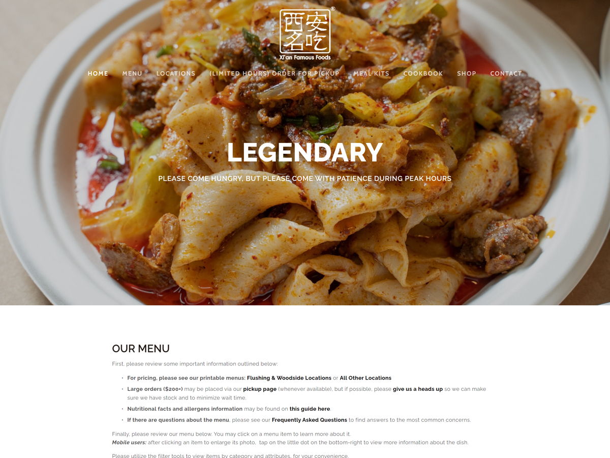 Screenshot of Xi'an Famous Foods, from the food websites collection.