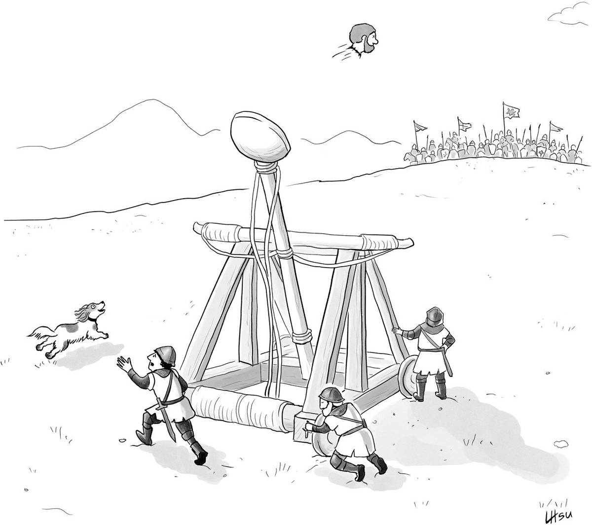Dog chasing after catapulted head.